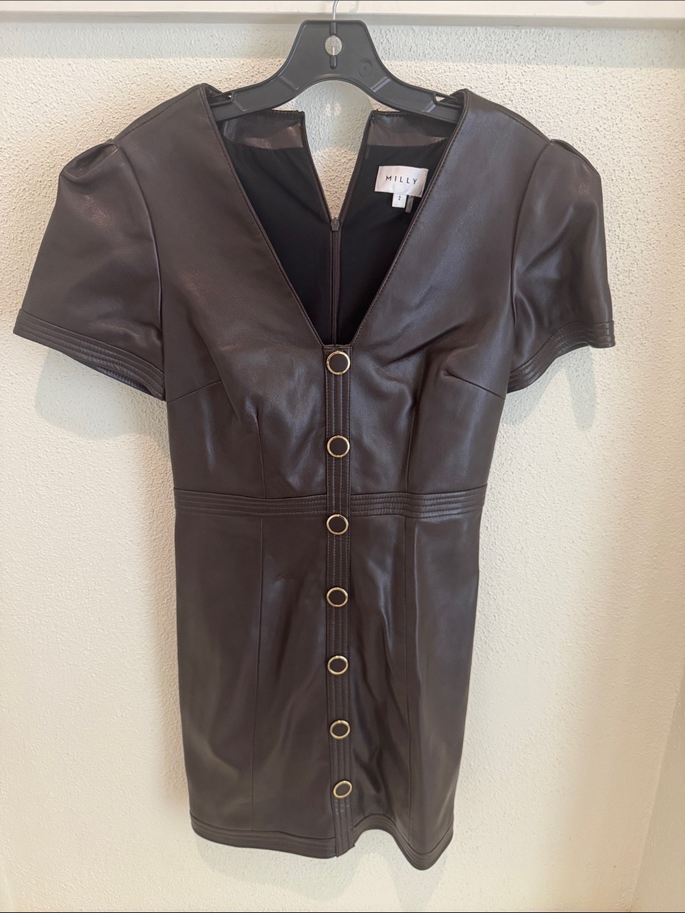 Milly Dark Brown Faux-Leather Button-Front Mini Dress